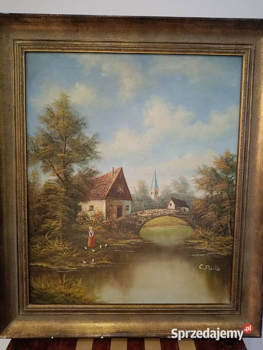 Stary duży obraz na płótnie Pejzaż z mostkiem kujawsko-pomorskie sprzedam