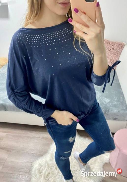 Mieniąca bluzka wiskozowa z dżetami łódka granat Warszawa sprzedam