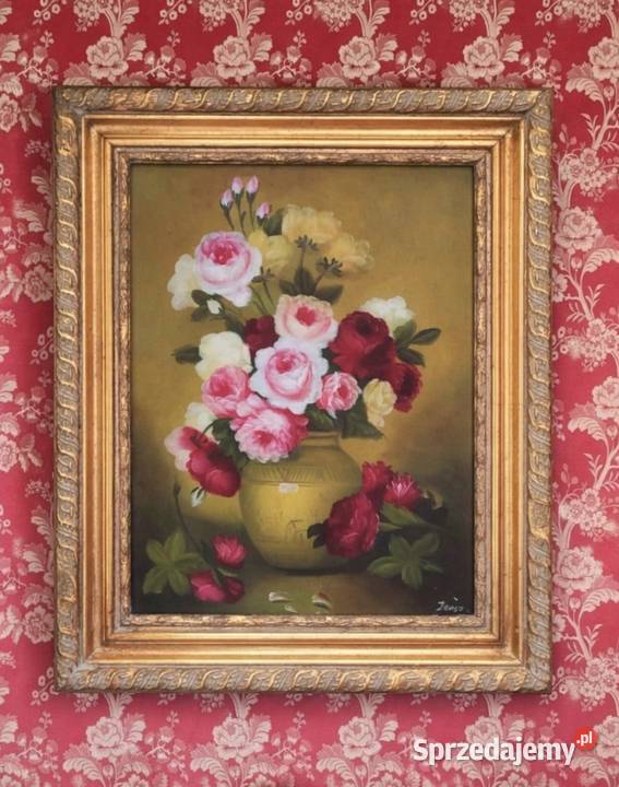 Stylowy Obraz Olej Płótno Kwiaty Bukiet Złota Pabianice sprzedam