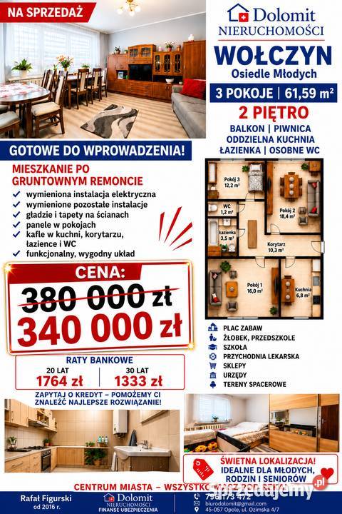 3 pokoje 6159 m balkon 2 piętro centrum Wołczyna Piętro 2 Wołczyn