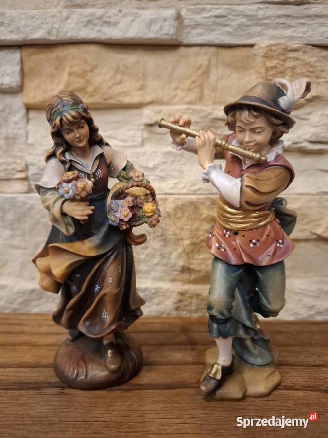 Rzeźba z drewna piękna malowana grajek Rękodzieło Lubień