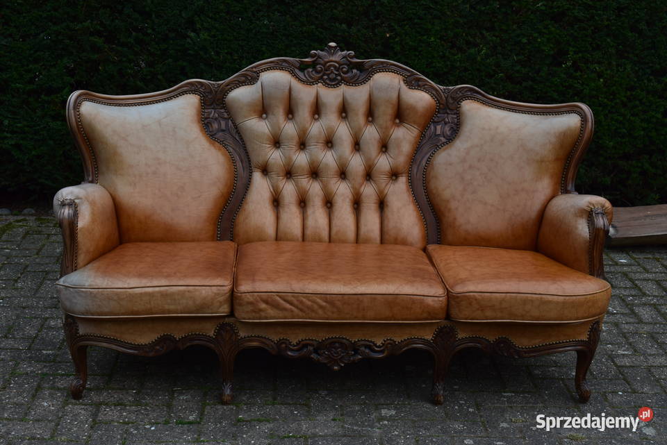 Ludwikowska sofa trzyosobowa piękna dębowa rama siedziska i