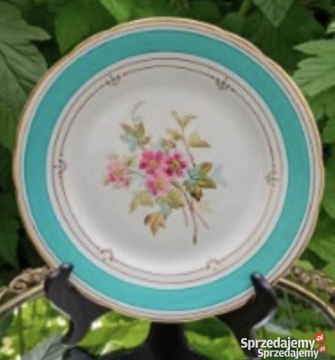 Śliczny talerz z bordiurą w kolorze Tiffany Blue Porcelana i szkło łódzkie Pabianice sprzedam