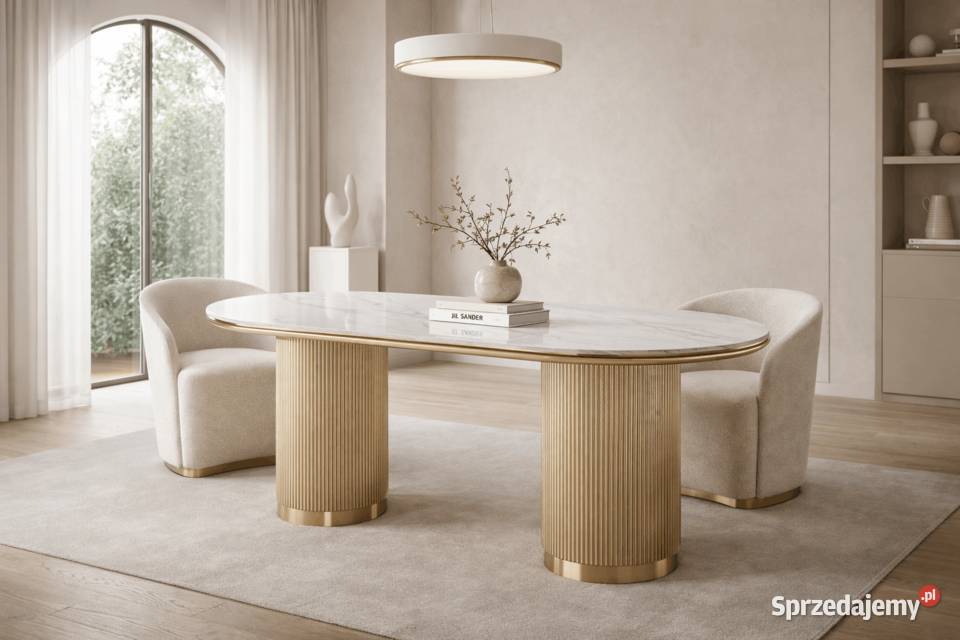 Owalny stół do jadalni salonu 180x90 z marmurem Golkowice