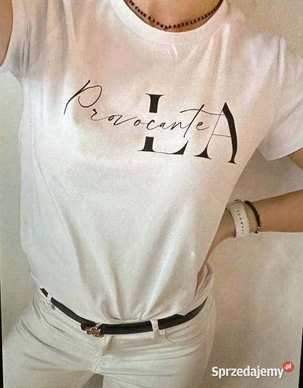 Nowy biały tshirt ML Provocante napis czarny Bielsk