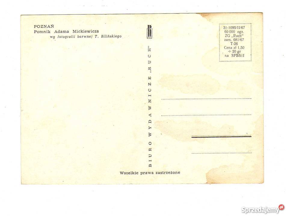 POZNAŃ POMNIK ADAMA MICKIEWICZA POCZTÓWKA świętokrzyskie Krynki sprzedam