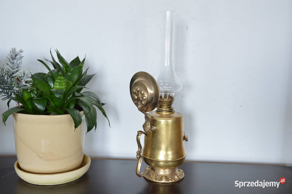 lampa naftowa mosiężna stojąca z lusterkiem Antyki Antyki, Sztuka, Kolekcje Jastrzębie-Zdrój
