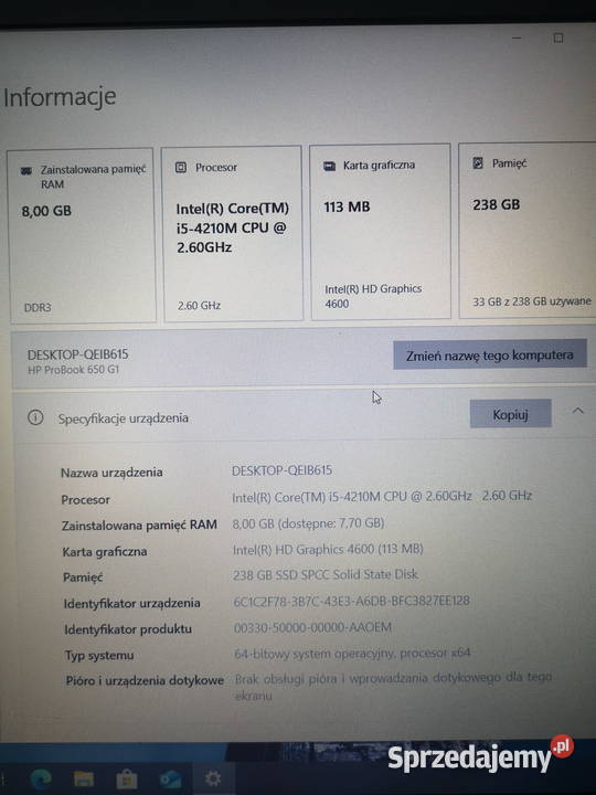 HP 650 G1 i54210M 26GHz 8GB 256GB SSD FHD podkarpackie Leżajsk