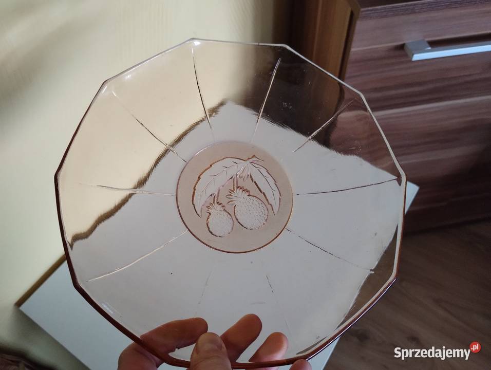 PRL patera art deco szkło rozalinowa maliny różowy łódzkie Łódź
