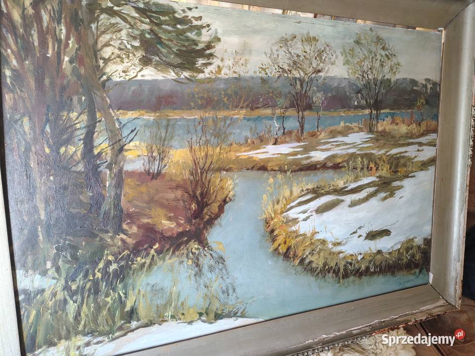 Stary obraz olejny Zima Kartuzy