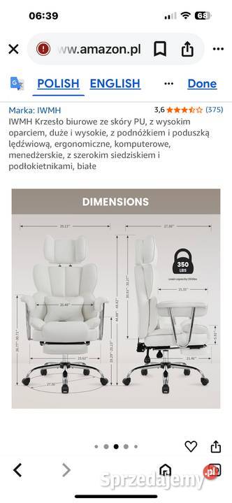 Ergonomiczne krzesło biurowe białe ze skóry PU Pozostałe śląskie Bielsko-Biała sprzedam