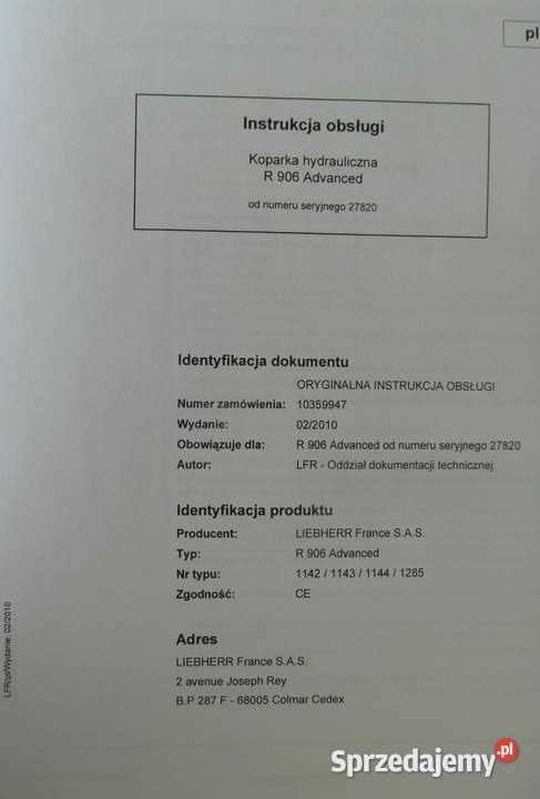 dtr instrukcja obsługi koparka liebherr r906 Szczecin