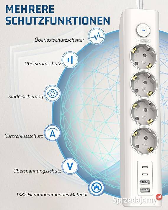 Listwa zasilająca 8 gniazd 3680W z USB USBC 18m Rzeszów sprzedam