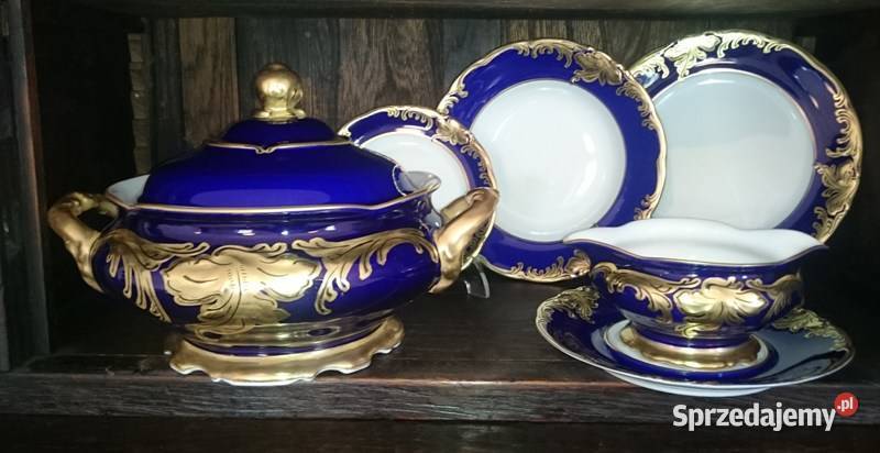 SERWIS Obiadowy Fryderyka Kobalt Złoty liść 12 Porcelana i szkło dolnośląskie Wałbrzych