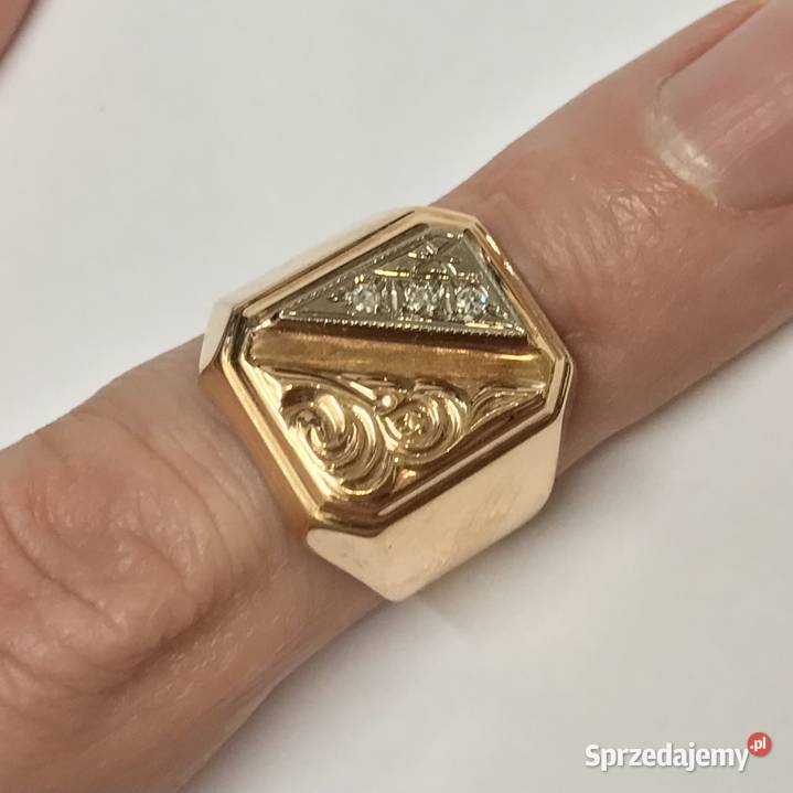Złoty sygnet 585 14K Retro z diamentami 01ct Art mazowieckie Warszawa