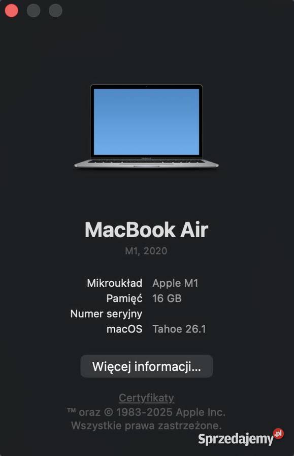 Apple Macbook air 13 M1 16256Gb 93 bateria 16GB Gdańsk