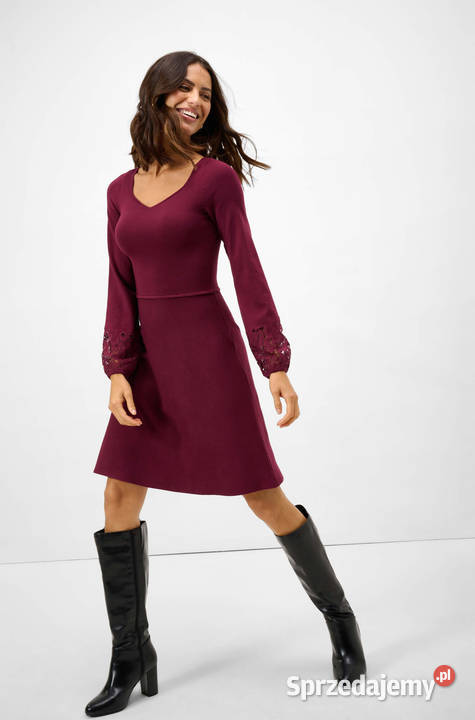 NOWA sukienka z dzianiny rękaw z koronką bordowa Warszawa