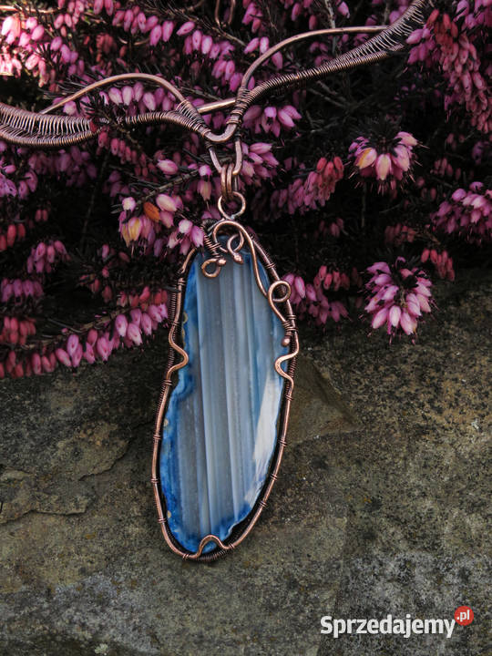Unikatowa miedziana kolia niebieski agat Kraków