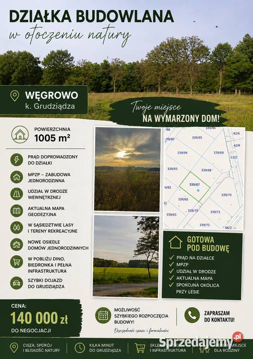 DZIAŁKA BUDOWLANA 1005 m WĘGROWO k GRUDZIĄDZA prąd Sprzedaż Grudziądz