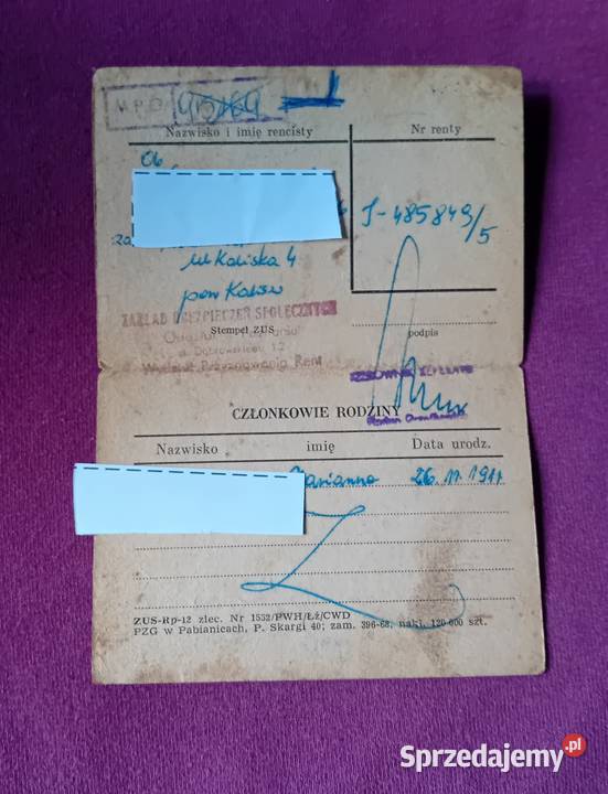 Legitymacja rencisty PRL Wydana w 1969 r Koźminek