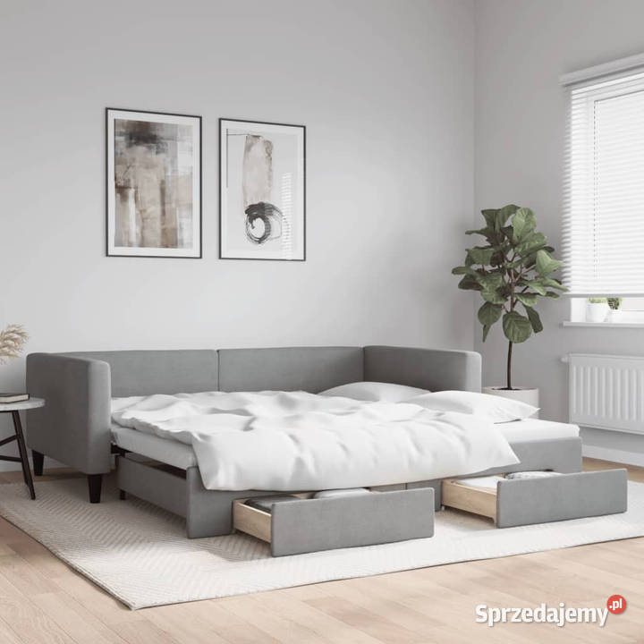 Sofa rozsuwana z szufladami jasnoszara tkanina mazowieckie