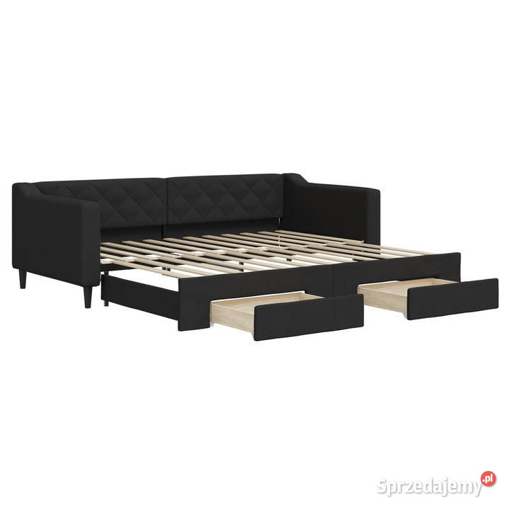 Sofa rozsuwana z szufladami czarna tkanina Łóżka