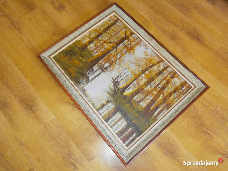 Stary obraz w ramie płótno Pejzaż ładny stan Łódź