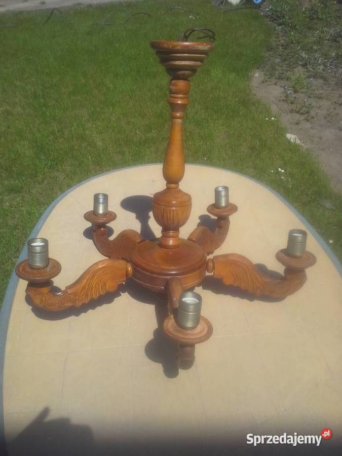 Żyrandol drewniany rzeźbiony ładny kolor klosze Warszawa