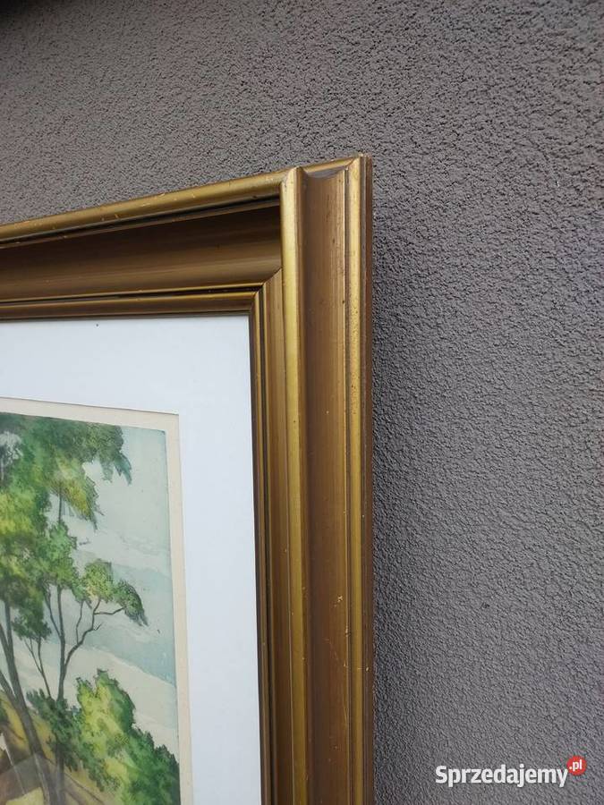109 Stary obraz akwaforta Pejzaż wiejski Tczew
