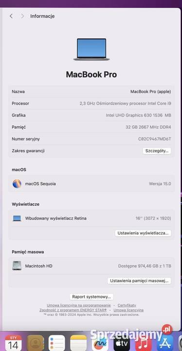 Macbook pro 2019 i9 32 gb RAM 1 TB ssd Żukowo