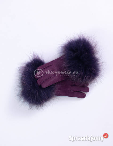 Śliwkowe rękawiczki damskie skórzane z futrzanym Dla kobiet Szaflary