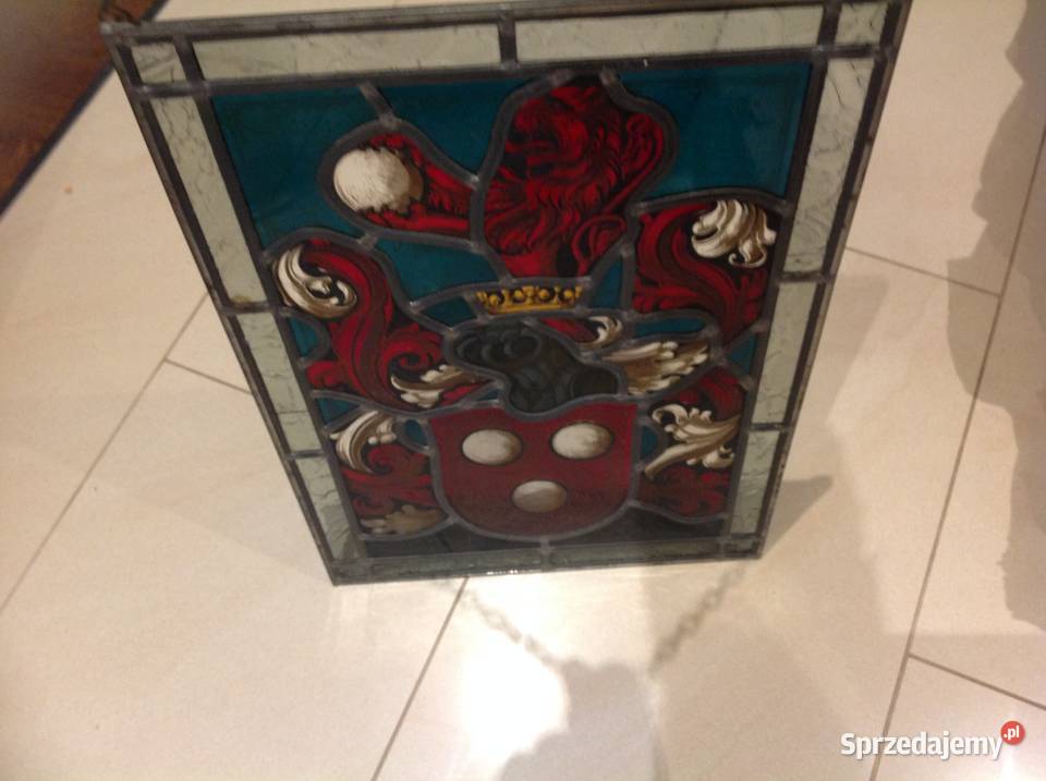 Duży Witraż Szklany STARY Sygnowany Szkło Cyna Rękodzieło Nowa Sól