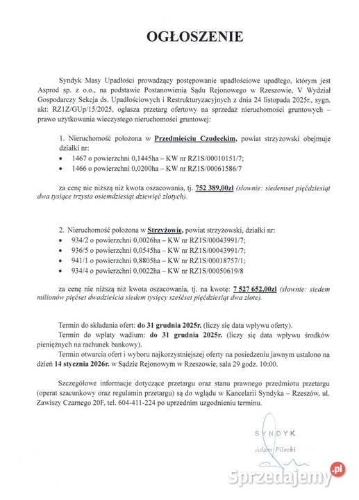 Syndyk Masy Upadlosci ogłasza przetarg na 457zł/m2 Czudec