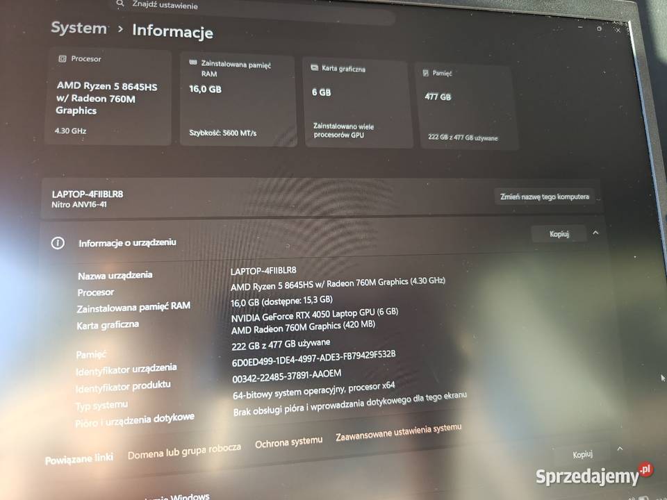 Laptop Acer Nitro v16 RTX 4050 AMD Ryzen 5 Acer Kluczbork