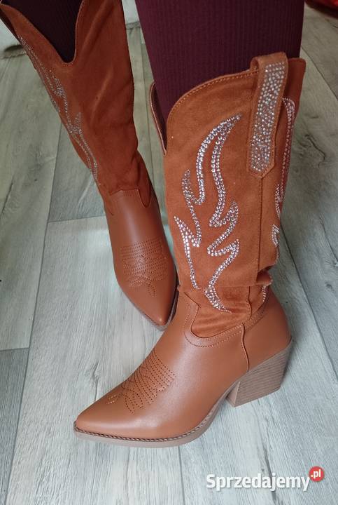 3839 Brązowe bogato zdobione Kozaki kowbojki 24.5cm