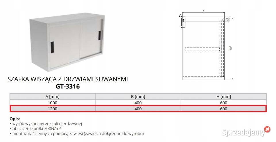 Szafka wisząca z drzwiami suwanymi 1200x400x600 Góra