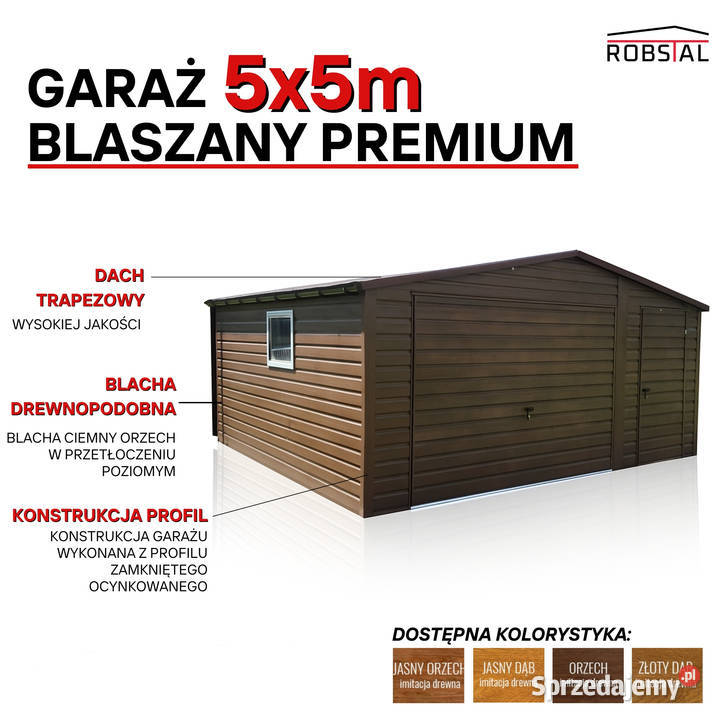 Garaż Blaszany dwuspadowy 5x5 Ciemny Orzech Końskie