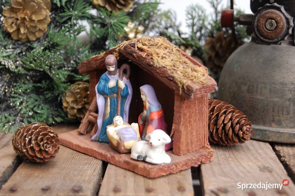 Szopka vintage Święta Rodzina drewniana stajenka Dekoracje i ozdoby