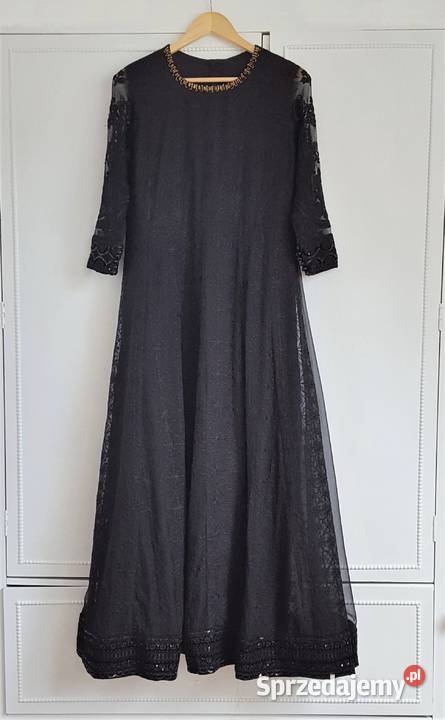 Nowa czarna suknia S 36 M 38 szyfon haft maxi