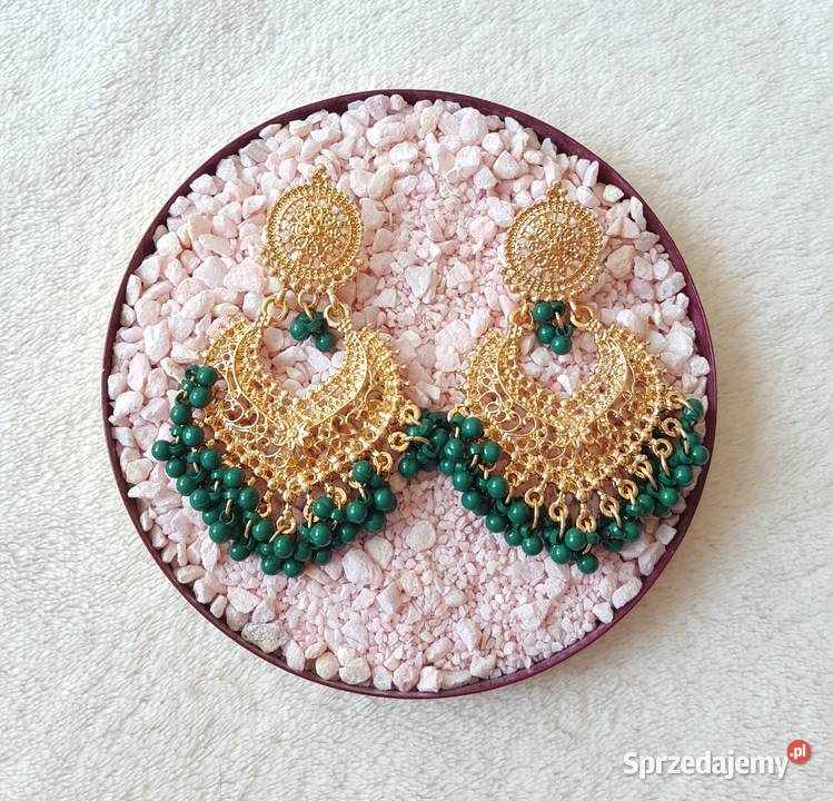 Duże kolczyki złoty kolor zielone koraliki Szczecin
