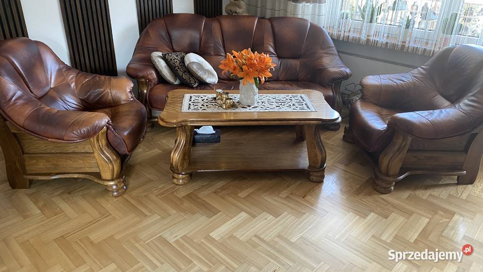 Komplet wypoczynkowy skórzany plus ława dębowa Gorlice sprzedam