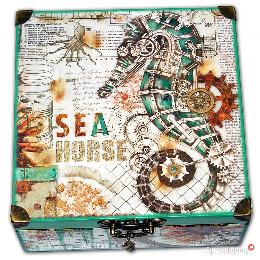 SZKATUŁKA drewniane pudełko SEA STEAMPUNK konik wielokolorowy Bydgoszcz sprzedam