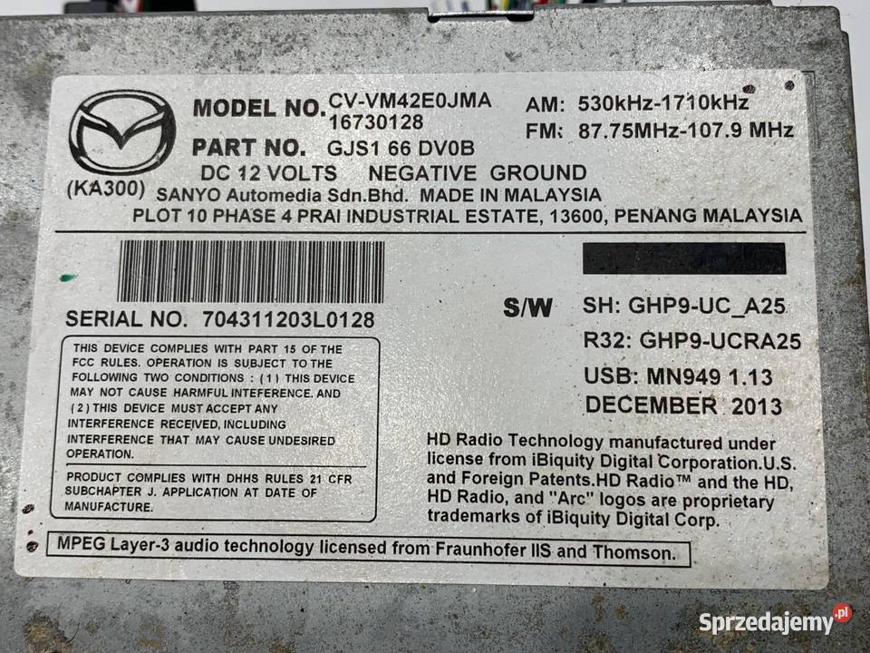 RADIO MAZDA 6 GJ GJS166DV0B ODTWARZACZ
