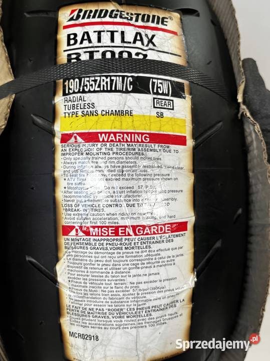 Opona motocyklowa BRIDGESTONE BATTLAX BT002 55 wielkopolskie Łobżenica sprzedam
