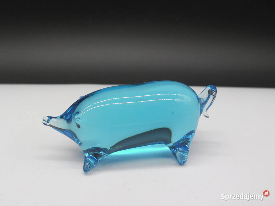 Szklana figurka ŚWINKA błękit vintage szkło