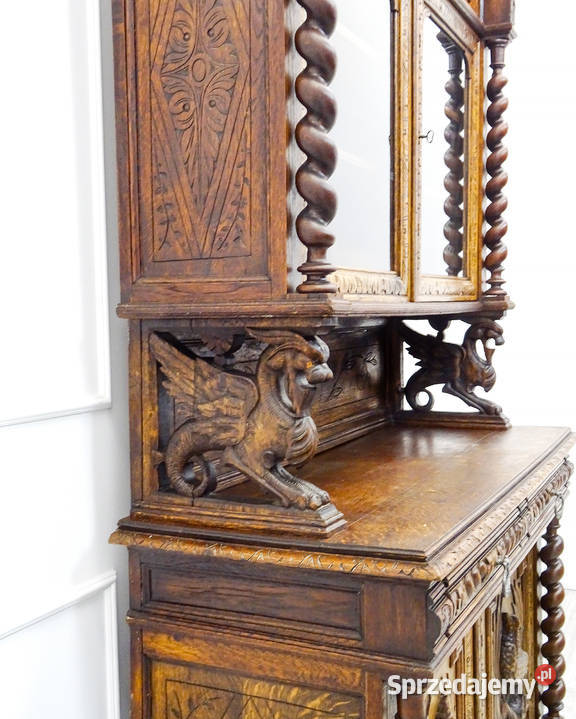 Kredens myśliwski DĘBOWY rzeźbiony bufet do Dom i Ogród