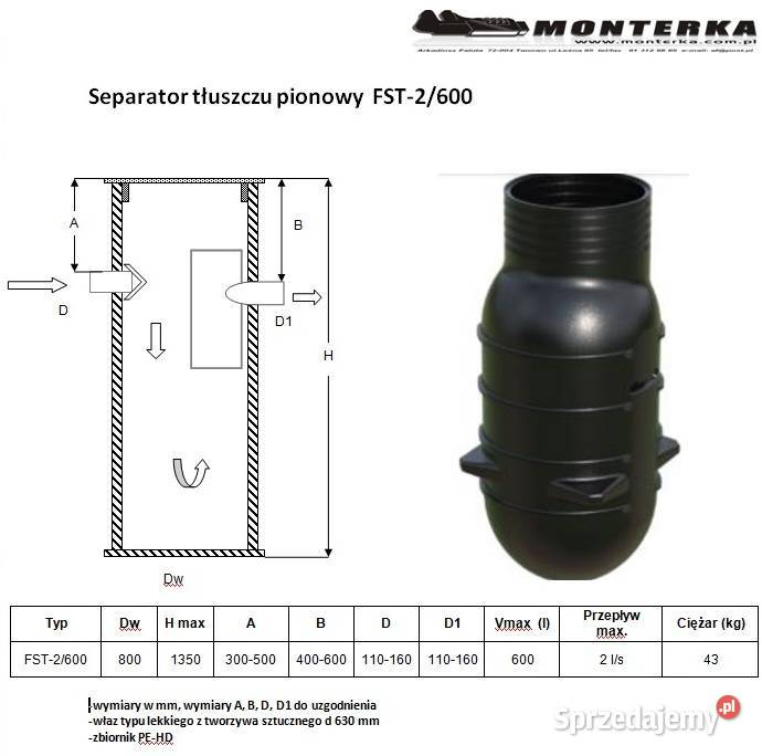 Separator tłuszczu przepływ 2 ls pojemność 600 L zachodniopomorskie