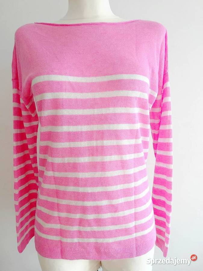 Sweter Lniany 100 Len Modne Paski Różowy Bluzka różowy Swetry i golfy Łomża