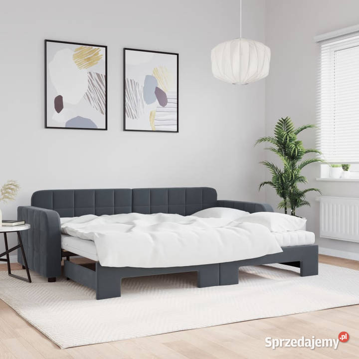 Sofa rozsuwana z materacami ciemnoszara aksamit Warszawa
