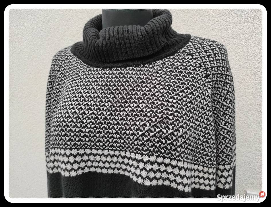 Gruby sweter czarny z białym wzorem golf na zimę Płock